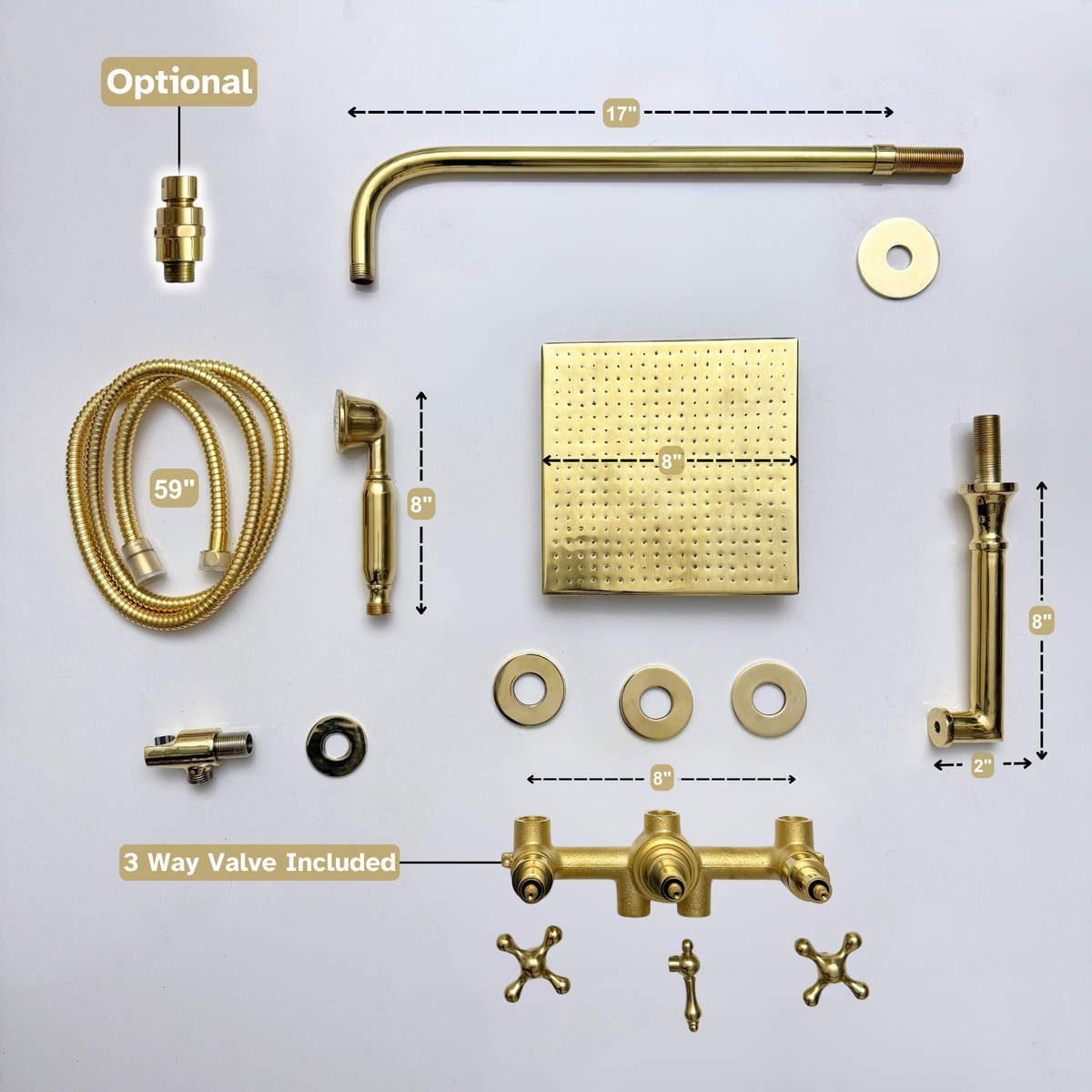 Unlacquered Brass Adjustable Square Rain Shower System with Handheld & Tub Filler — Straight arm (UBCSS-016) — detail view 15