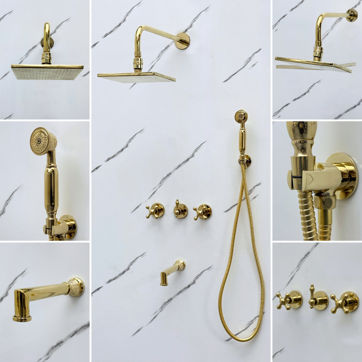 Unlacquered Brass Adjustable Square Rain Shower System with Handheld & Tub Filler — Straight arm (UBCSS-016) — detail view 3