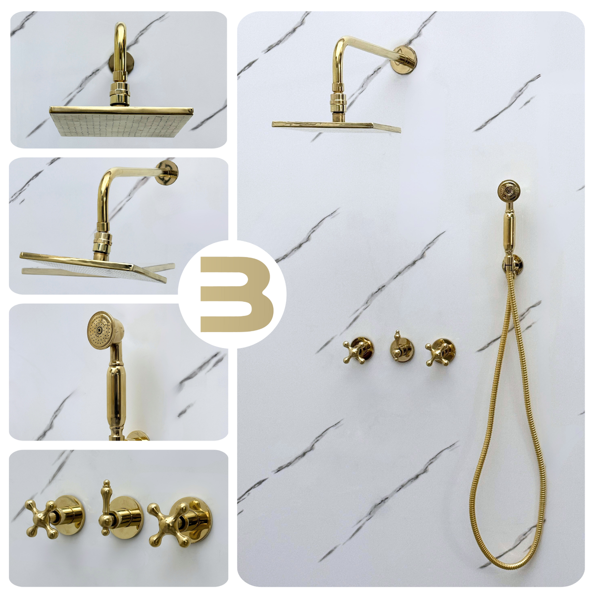 Unlacquered Brass Adjustable Square Rain Shower System with Handheld — Straight arm (UBCSS-017) — detail view 3