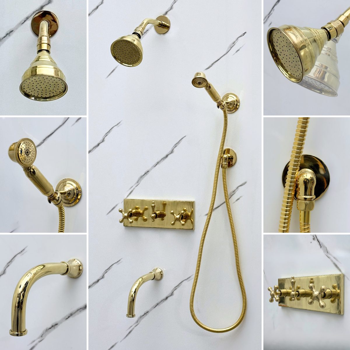 Unlacquered Brass Round Rain Shower System with Handheld & Tub Filler — Short arm (UBCSS-013) — detail view 3