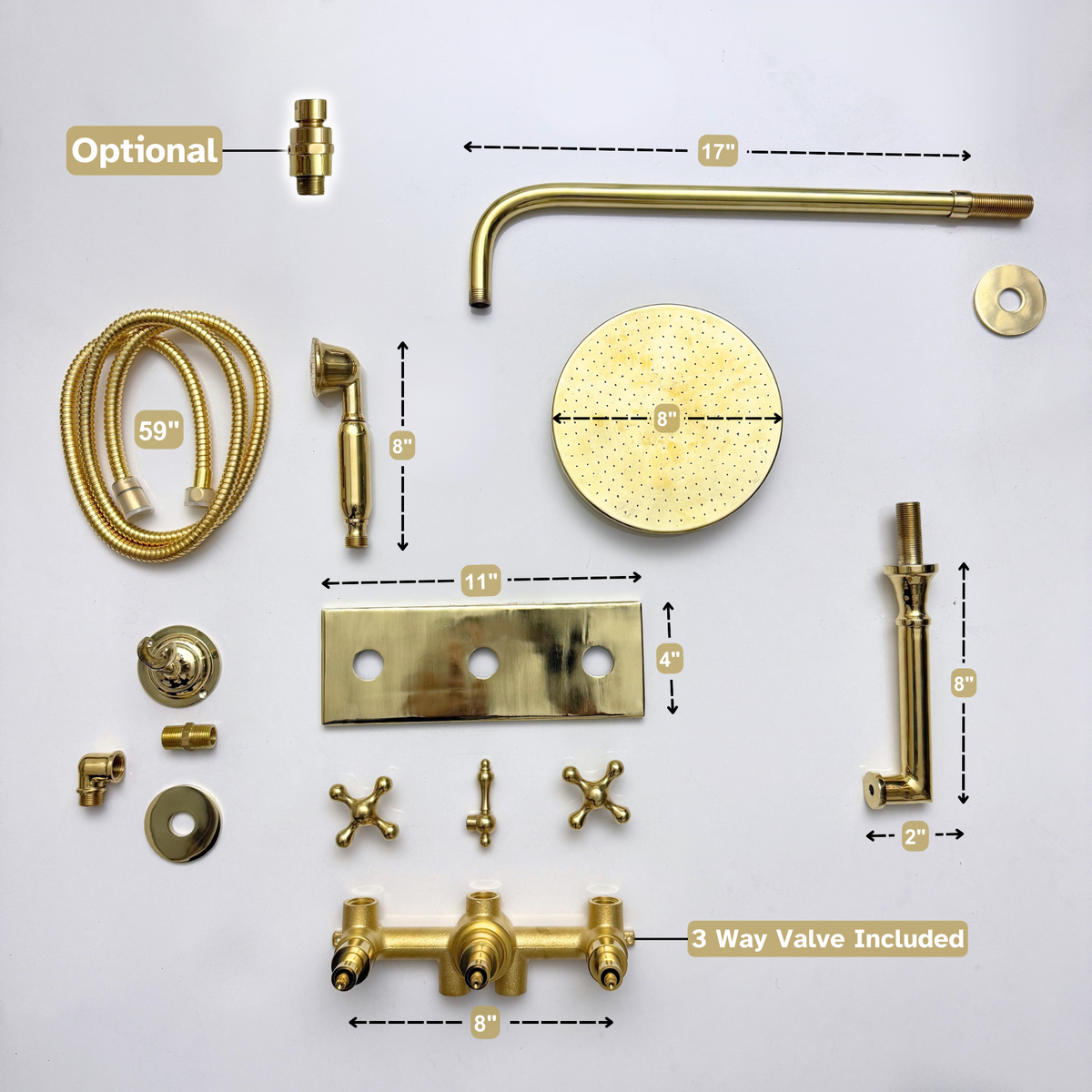 Unlacquered Brass Adjustable Round Rain Shower System with Handheld & Tub Filler — Straight arm (UBCSS-015) — detail view 14