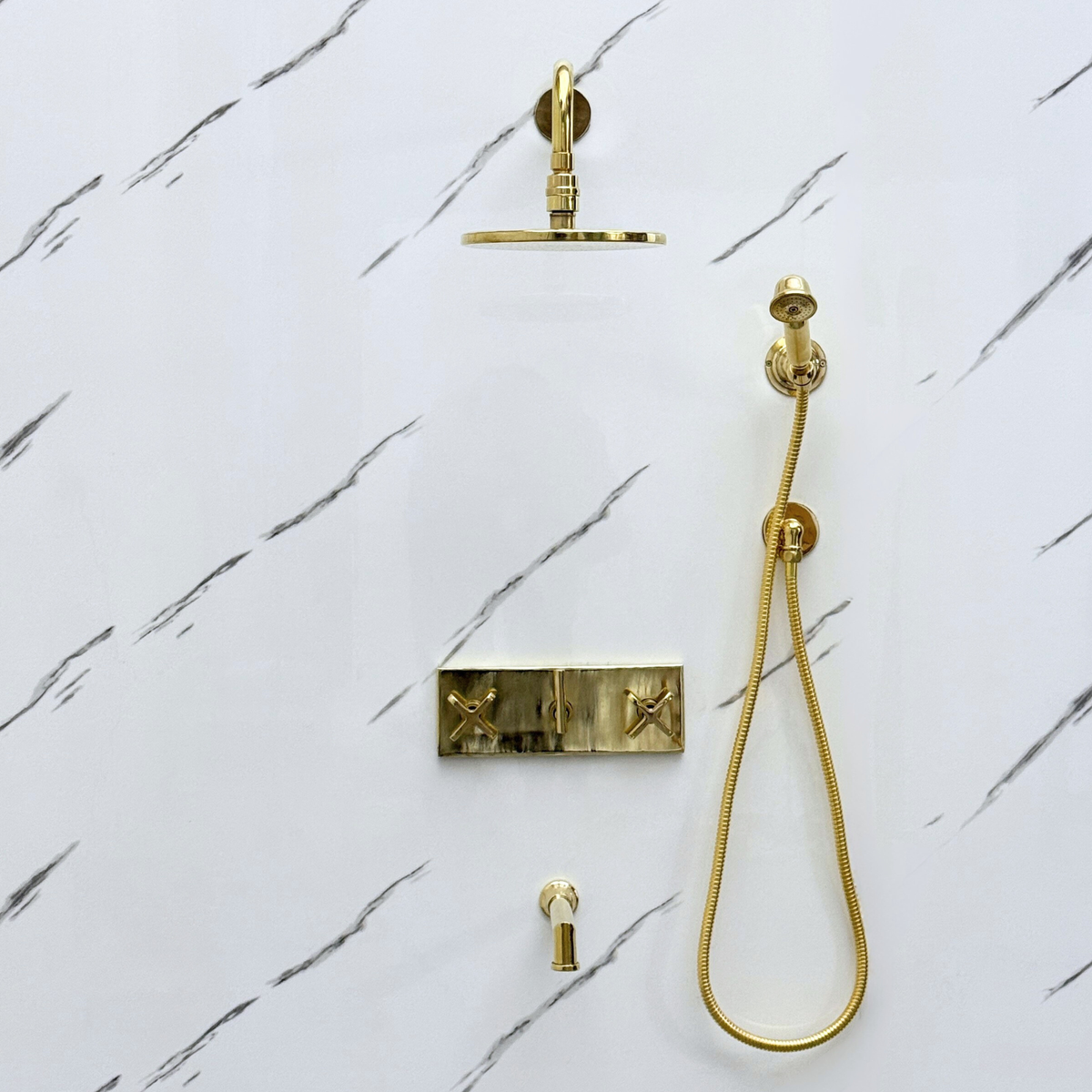 Unlacquered Brass Adjustable Round Rain Shower System with Handheld & Tub Filler — Straight arm (UBCSS-015) — detail view 5