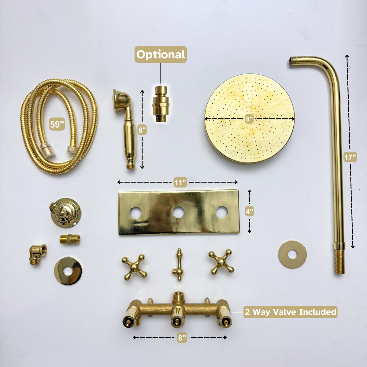 Unlacquered Brass Adjustable Flat Round Rain Shower System with Handheld — Straight arm (UBCSS-011) — detail view 13