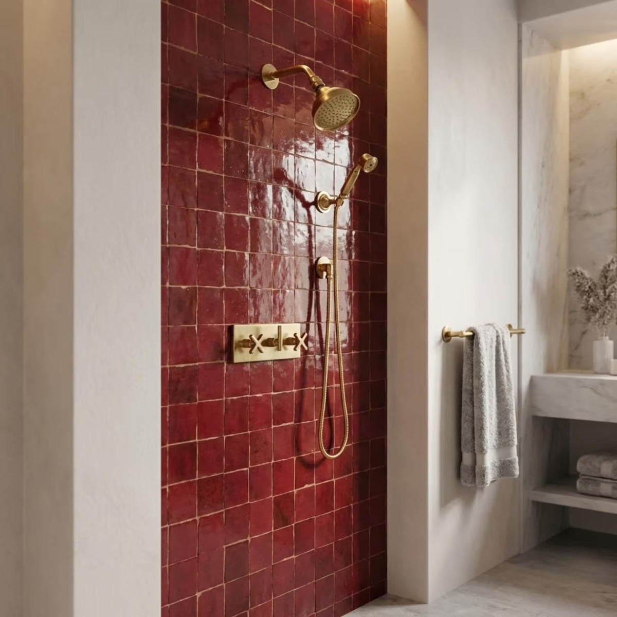 Unlacquered Brass Adjustable Round Rain Shower System with Handheld — Short arm (UBCSS-010) — shower system overview