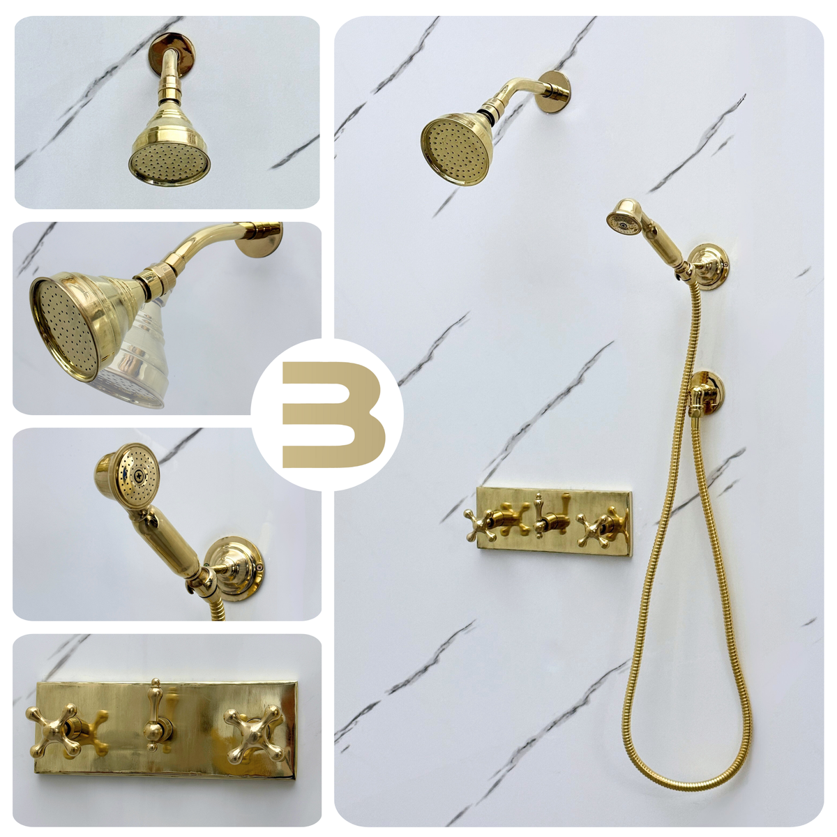 Unlacquered Brass Adjustable Round Rain Shower System with Handheld — Short arm (UBCSS-010) — detail view 2