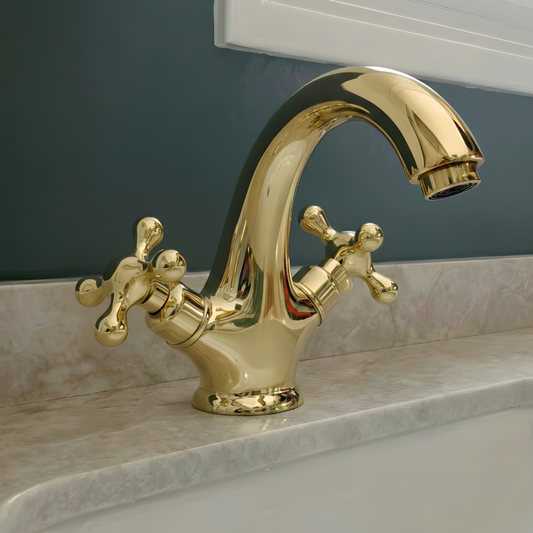 Curved unlacquered brass single-hole faucet Set, 5" reach with cross handles
