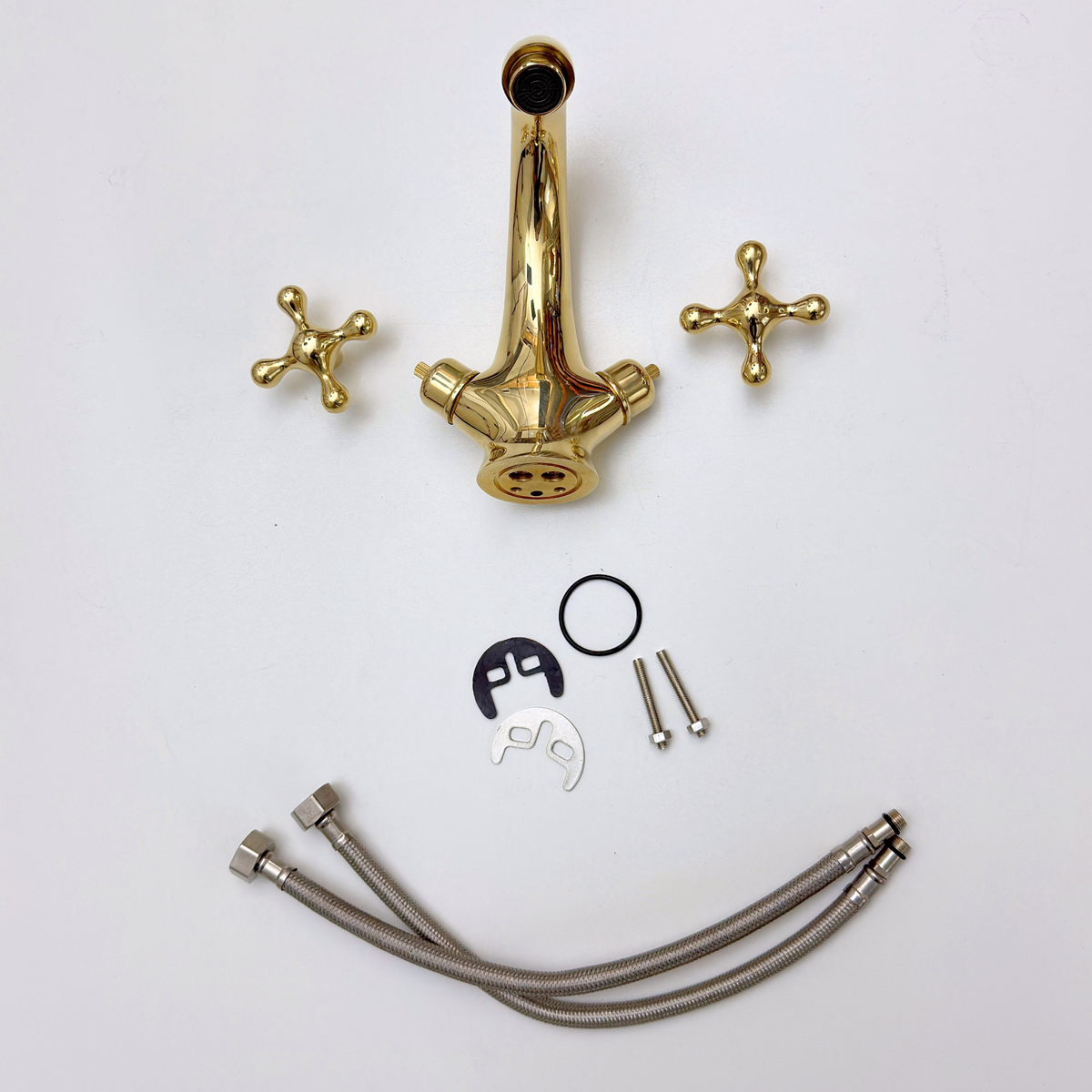 Curved unlacquered brass single-hole faucet Set, 5" reach with cross handles – alternate view 11