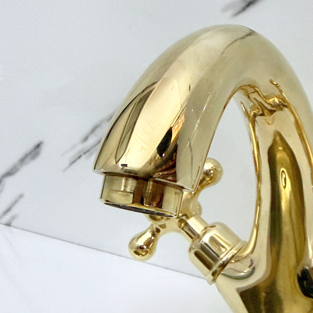 Curved unlacquered brass single-hole faucet Set, 5" reach with cross handles – alternate view 3