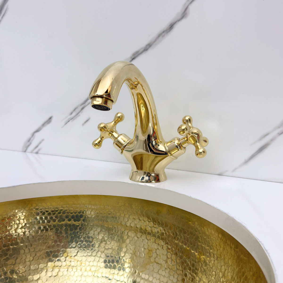 Curved unlacquered brass single-hole faucet Set, 5" reach with cross handles – alternate view 4