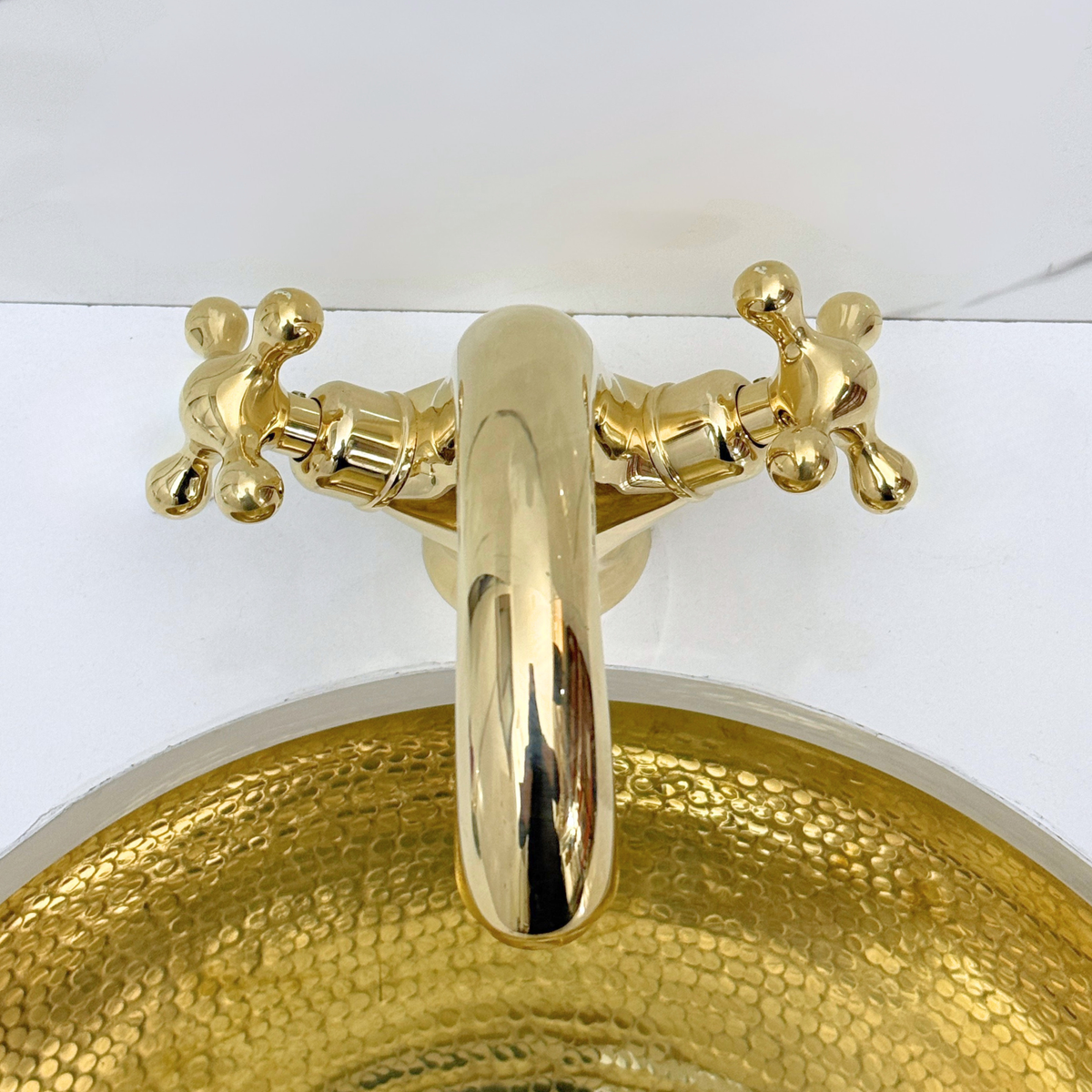 Curved unlacquered brass single-hole faucet Set, 5" reach with cross handles – alternate view 5