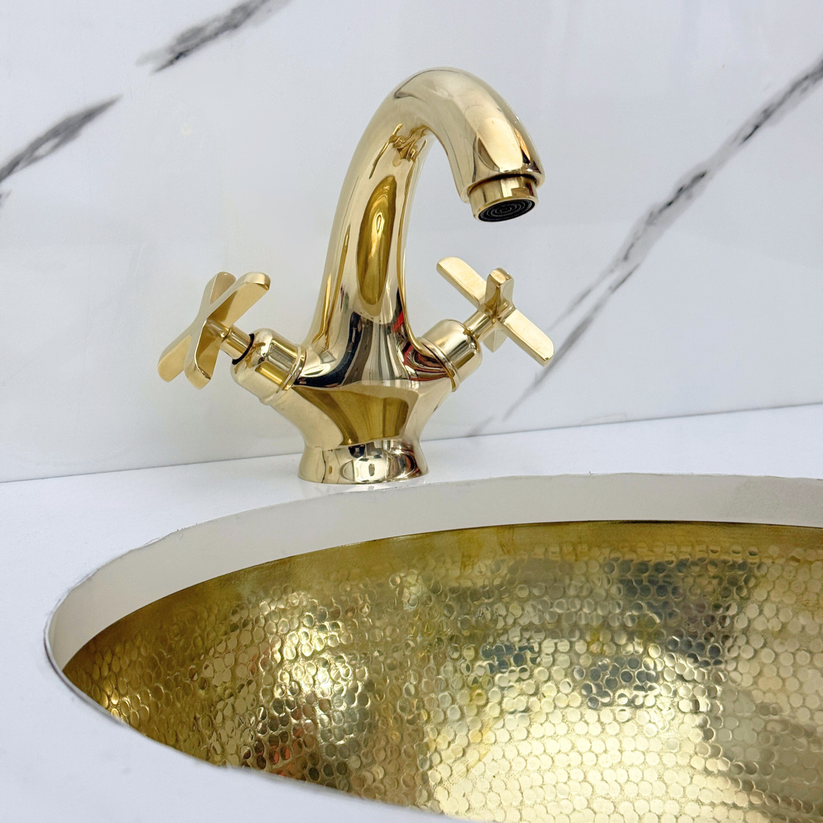 Curved unlacquered brass single-hole faucet Set, 5" reach with cross handles – alternate view 9
