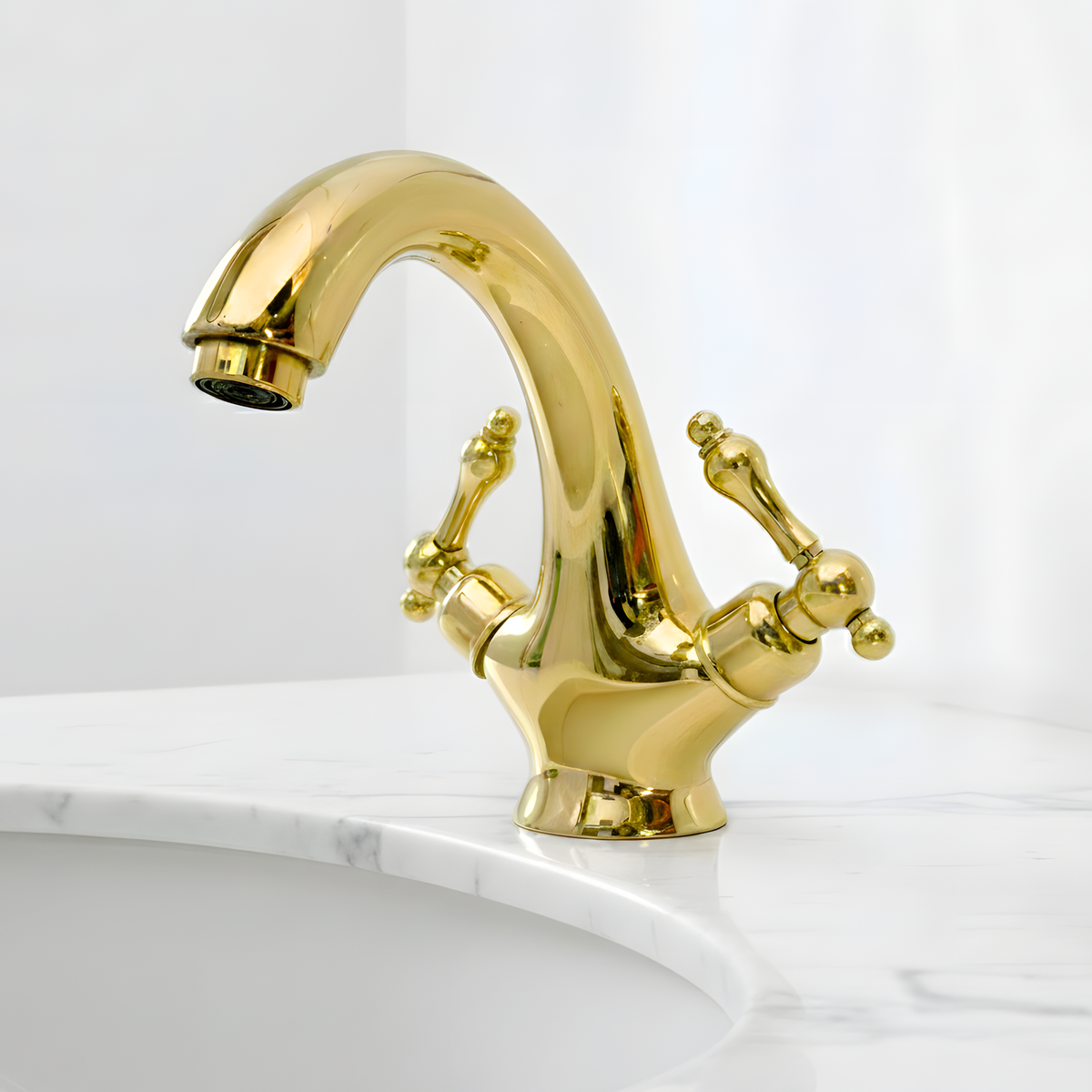 Curved unlacquered brass single-hole faucet, 5" reach with lever handles