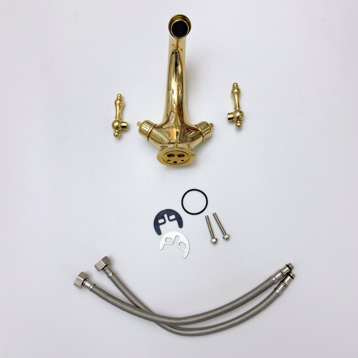 Curved unlacquered brass single-hole faucet, 5" reach with lever handles – alternate view 10