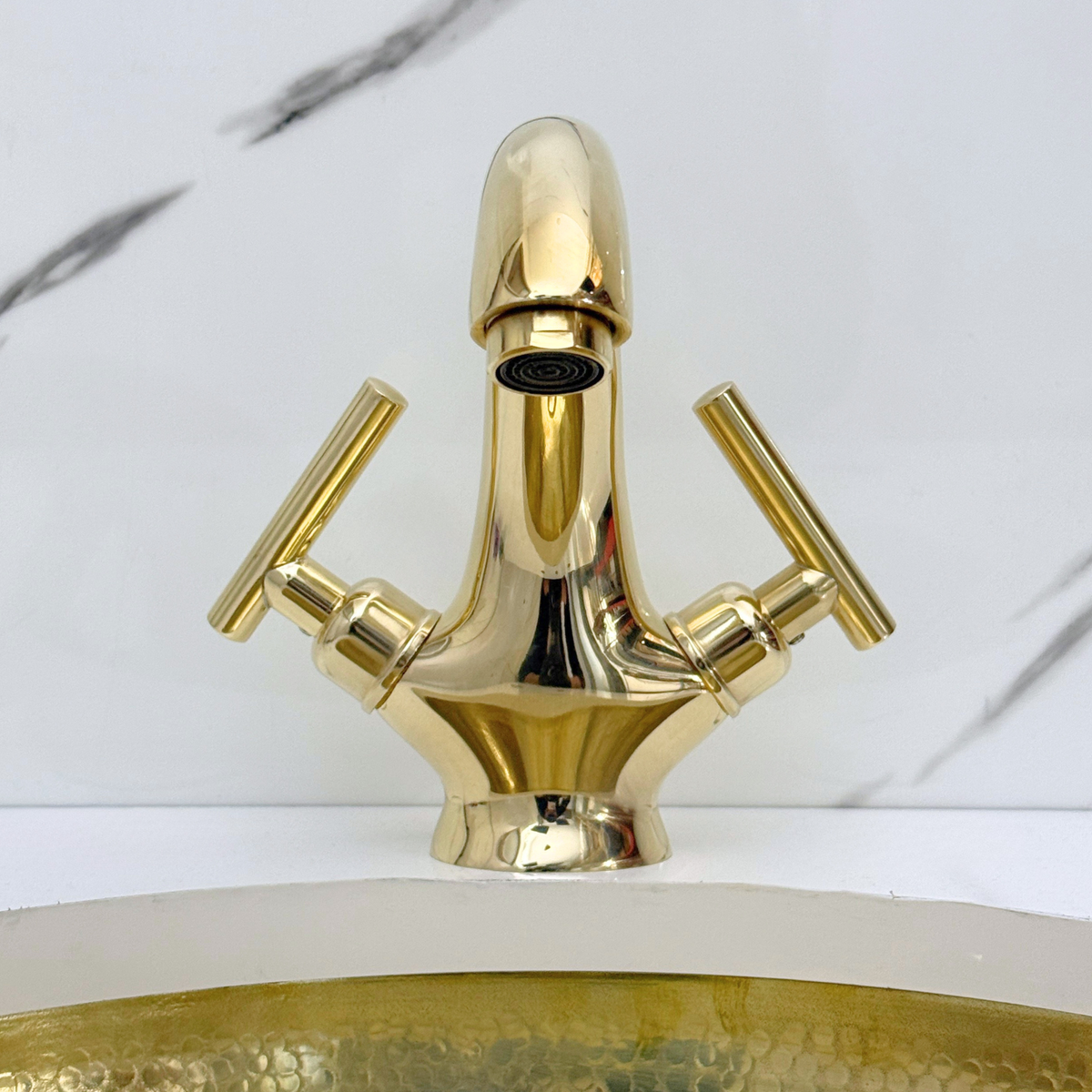 Curved unlacquered brass single-hole faucet, 5" reach with lever handles – alternate view 7