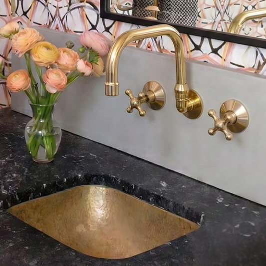 8" 360° Swivel unlacquered brass wall faucet, 8" spread with cross handles