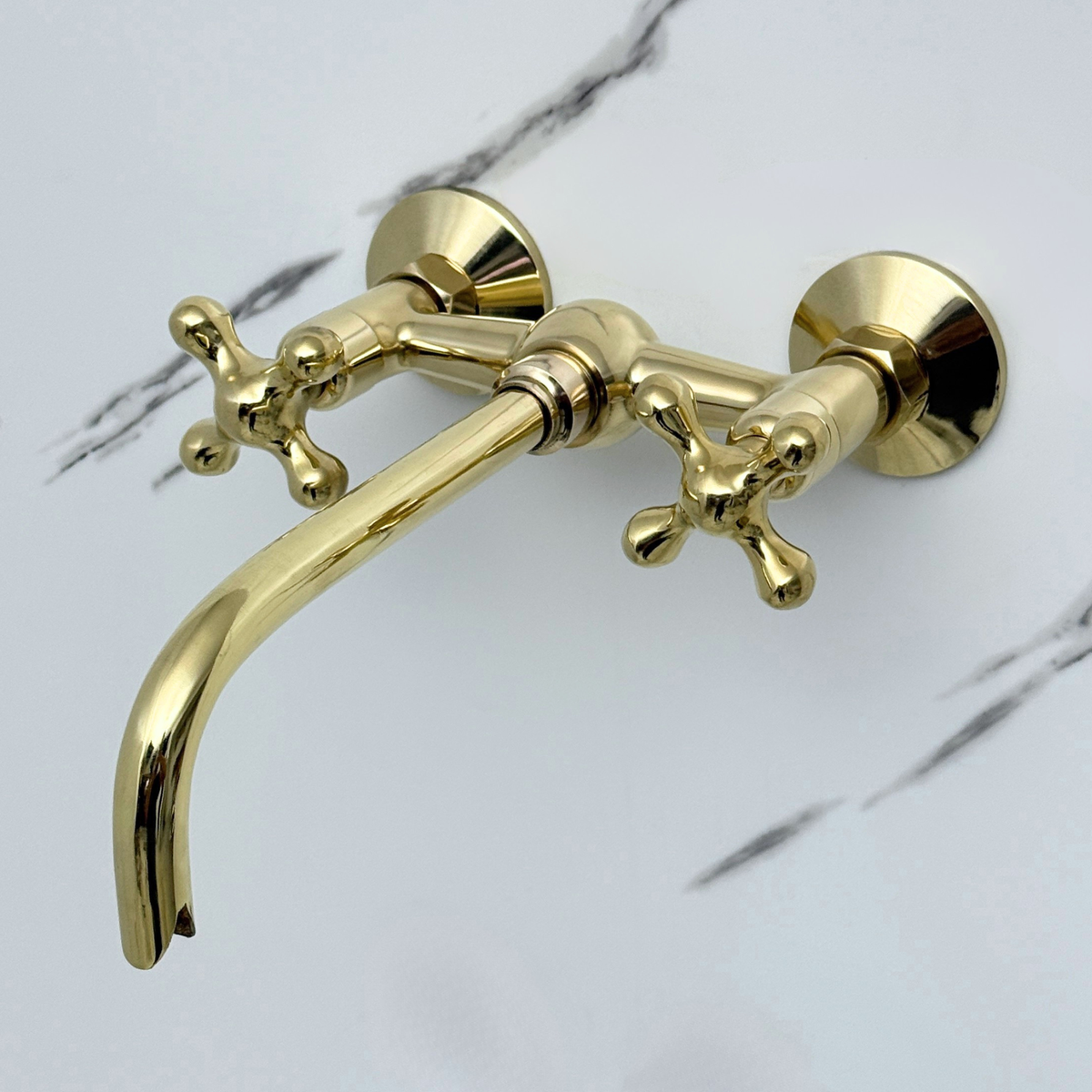 10" Ball-Center unlacquered brass wall faucet, 6" spread with cross handles – alternate view 3