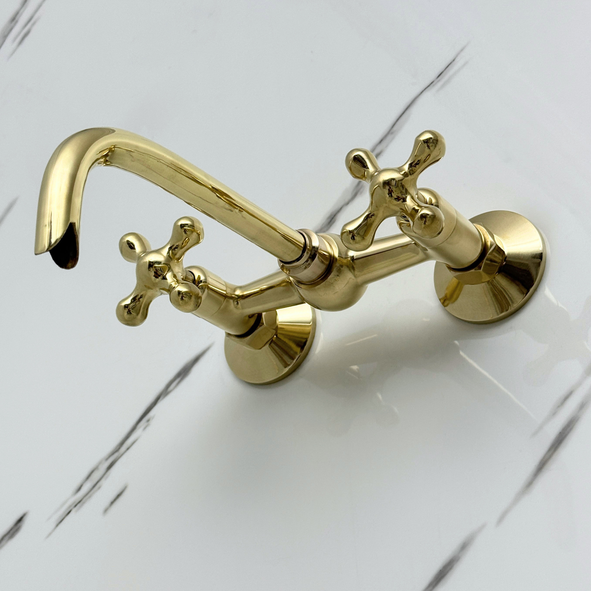 10" Ball-Center unlacquered brass wall faucet, 6" spread with cross handles – alternate view 4
