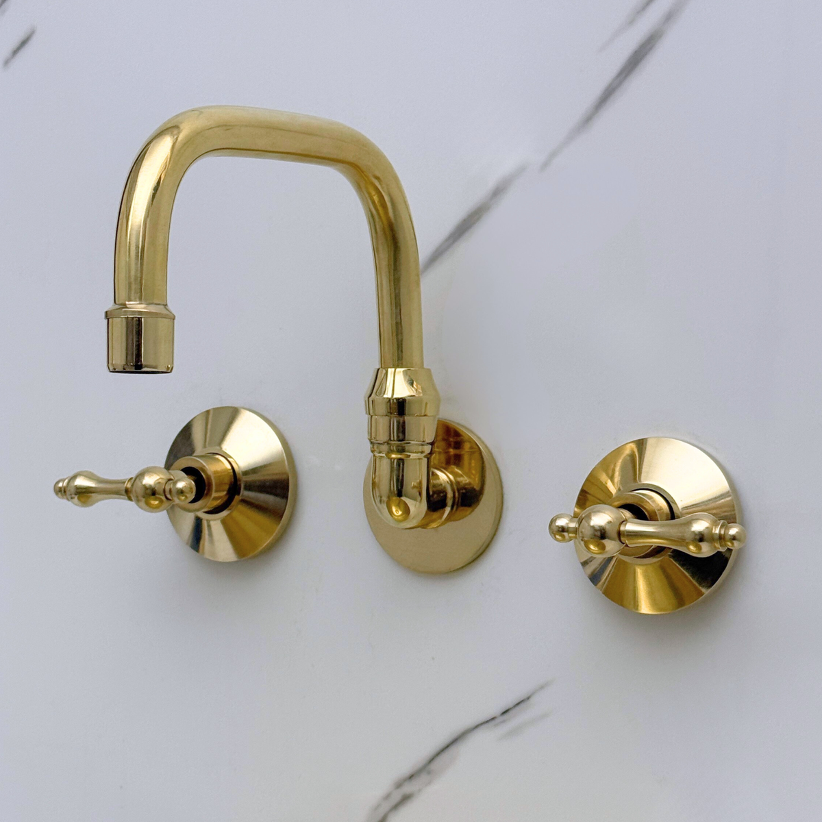 8" 360° Swivel unlacquered brass wall faucet, 8" spread with lever handles – alternate view 4