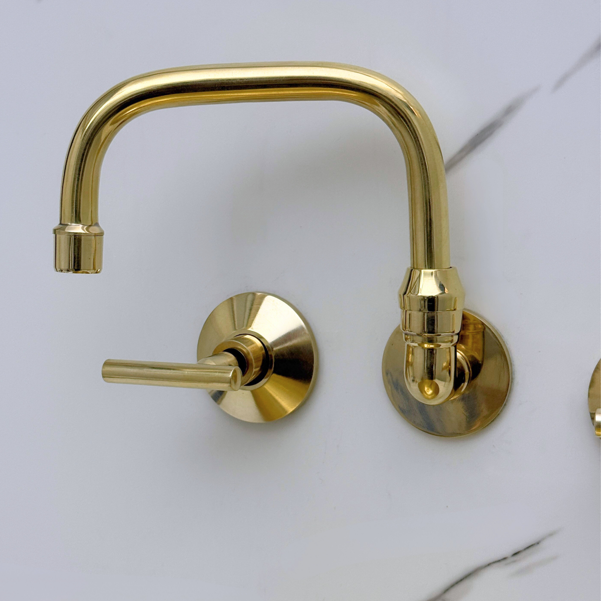 8" 360° Swivel unlacquered brass wall faucet, 8" spread with lever handles – alternate view 6