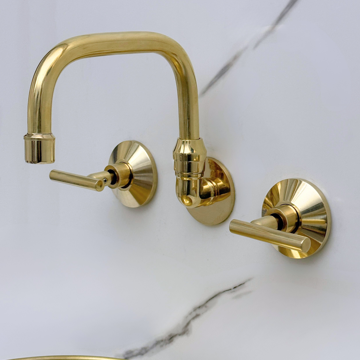 8" 360° Swivel unlacquered brass wall faucet, 8" spread with lever handles – alternate view 7