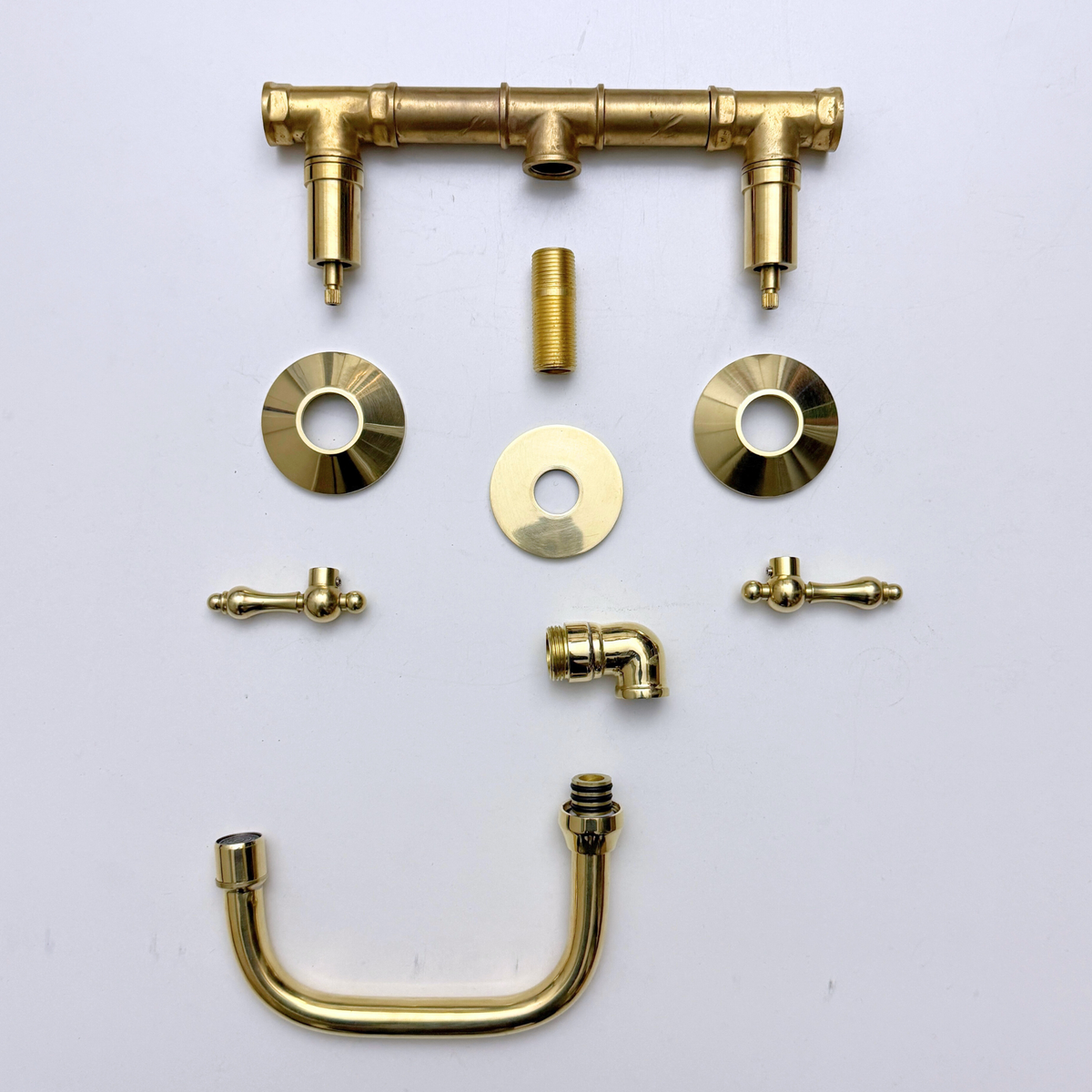 8" 360° Swivel unlacquered brass wall faucet, 8" spread with lever handles – alternate view 9