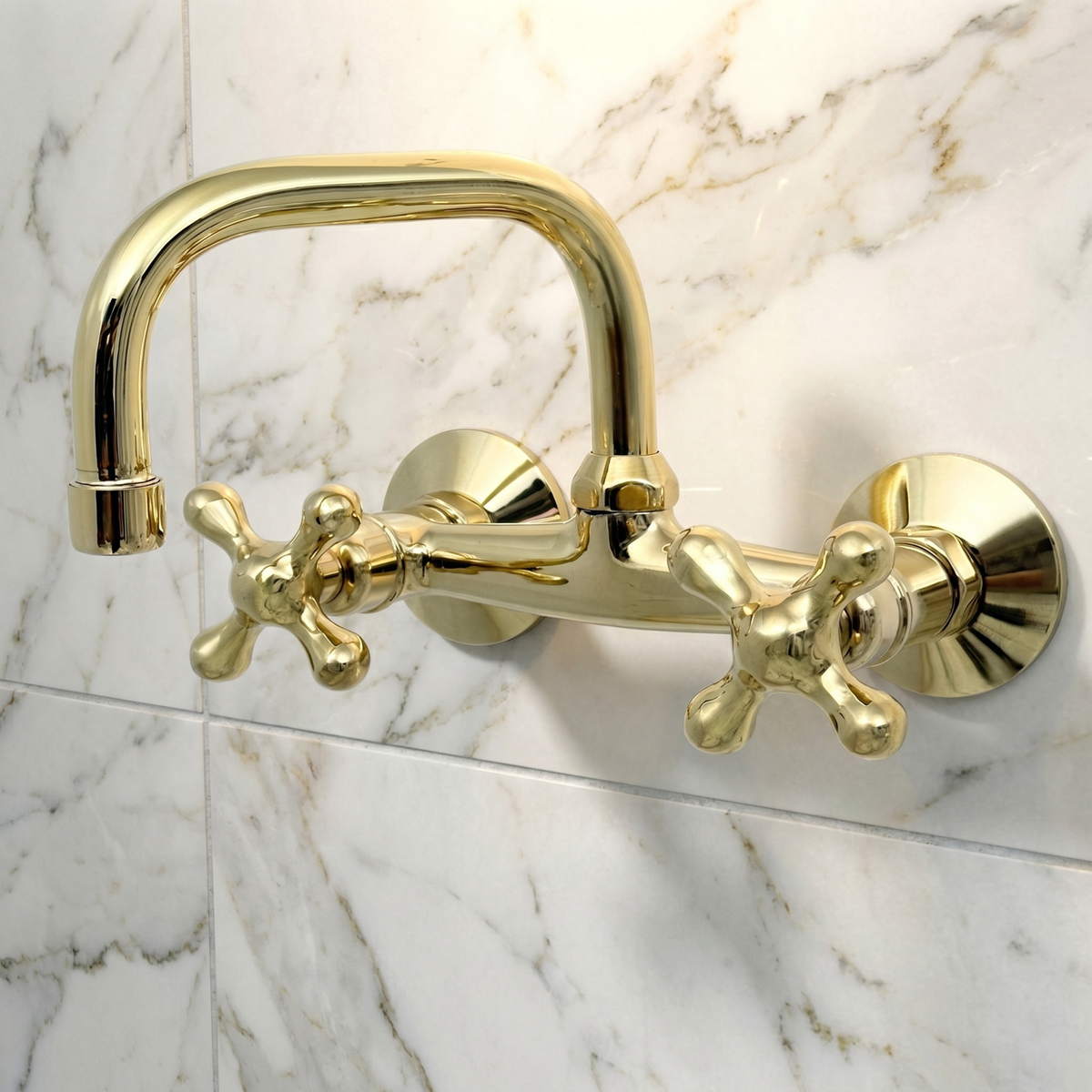 7.5" Swivel unlacquered brass wall faucet, 6" spread with cross handles