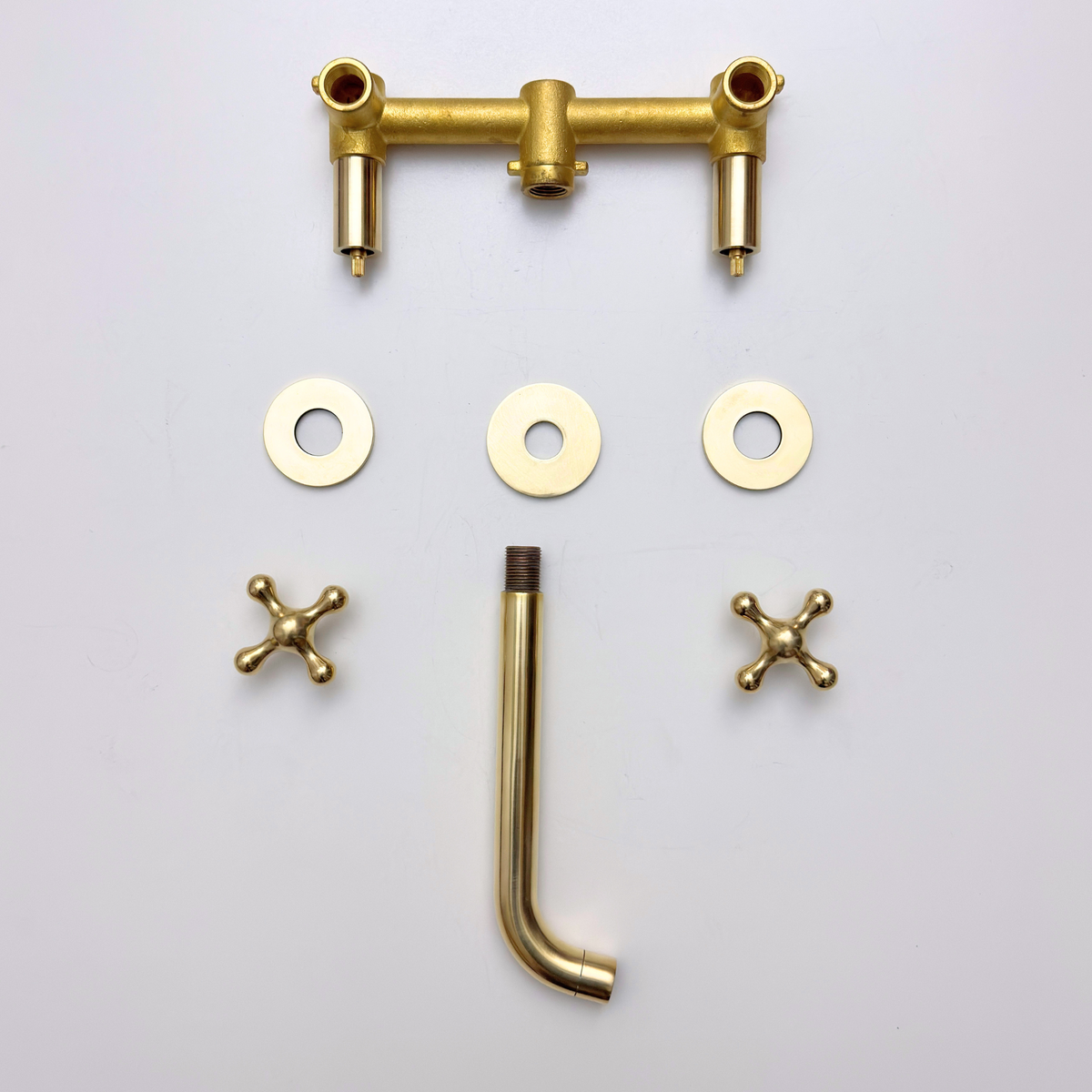 8" Curved unlacquered brass wall faucet, 2.5" drop with cross handles – alternate view 11