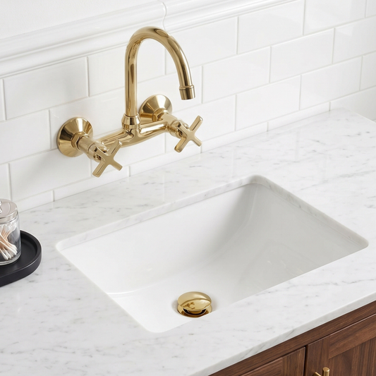 6.5" Gooseneck unlacquered brass wall faucet, 6" spread with cross handles