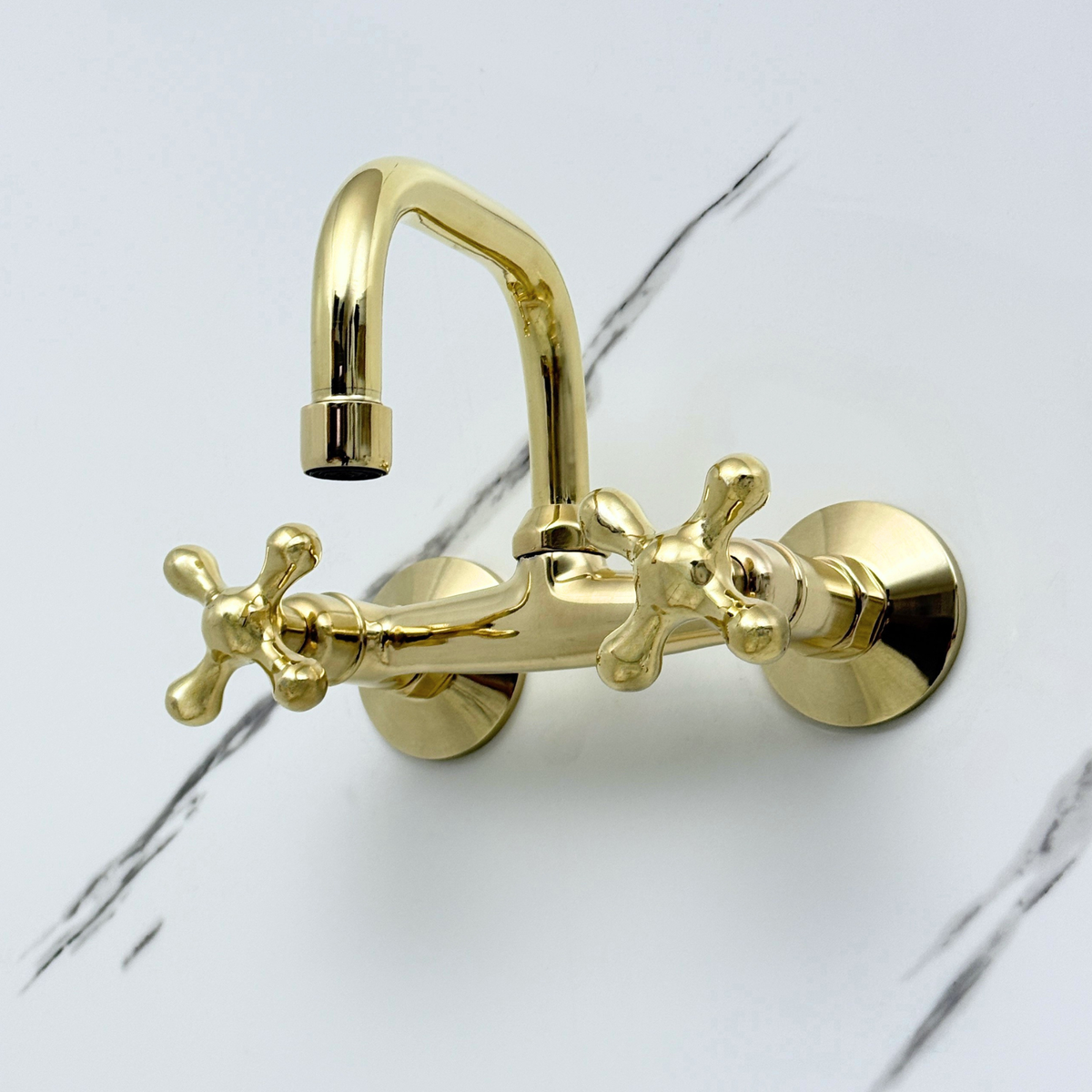 7.5" Swivel unlacquered brass wall faucet, 6" spread with cross handles – alternate view 2