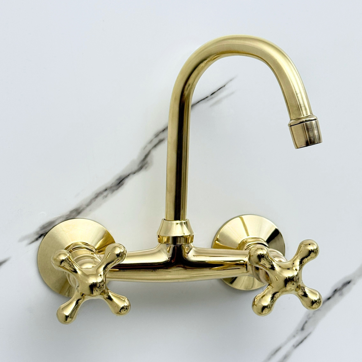 6.5" Gooseneck unlacquered brass wall faucet, 6" spread with cross handles – alternate view 4