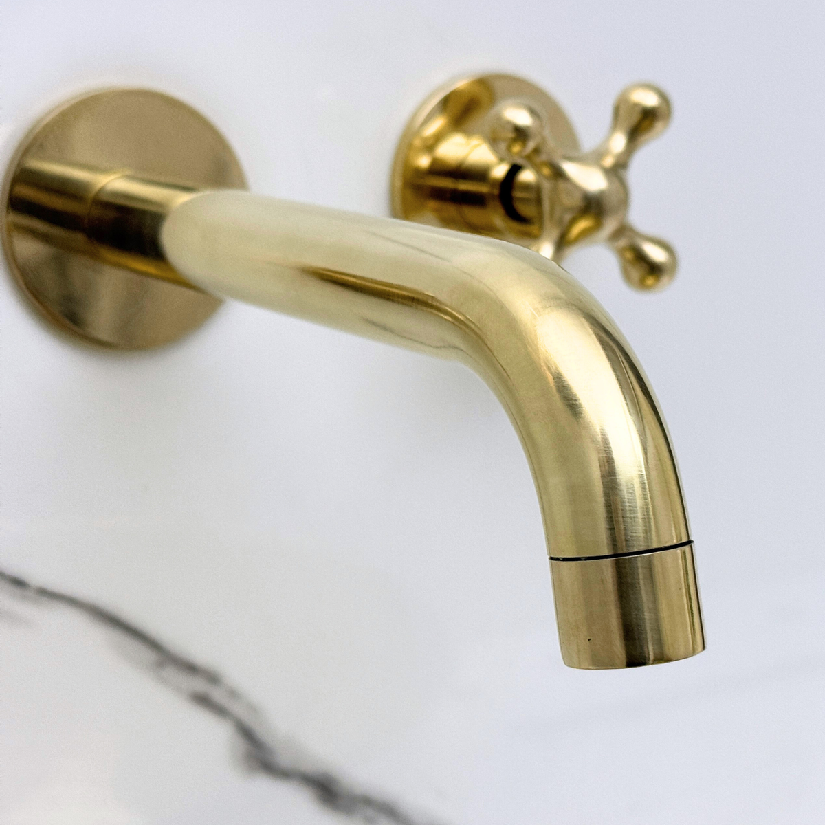8" Curved unlacquered brass wall faucet, 2.5" drop with cross handles – alternate view 3