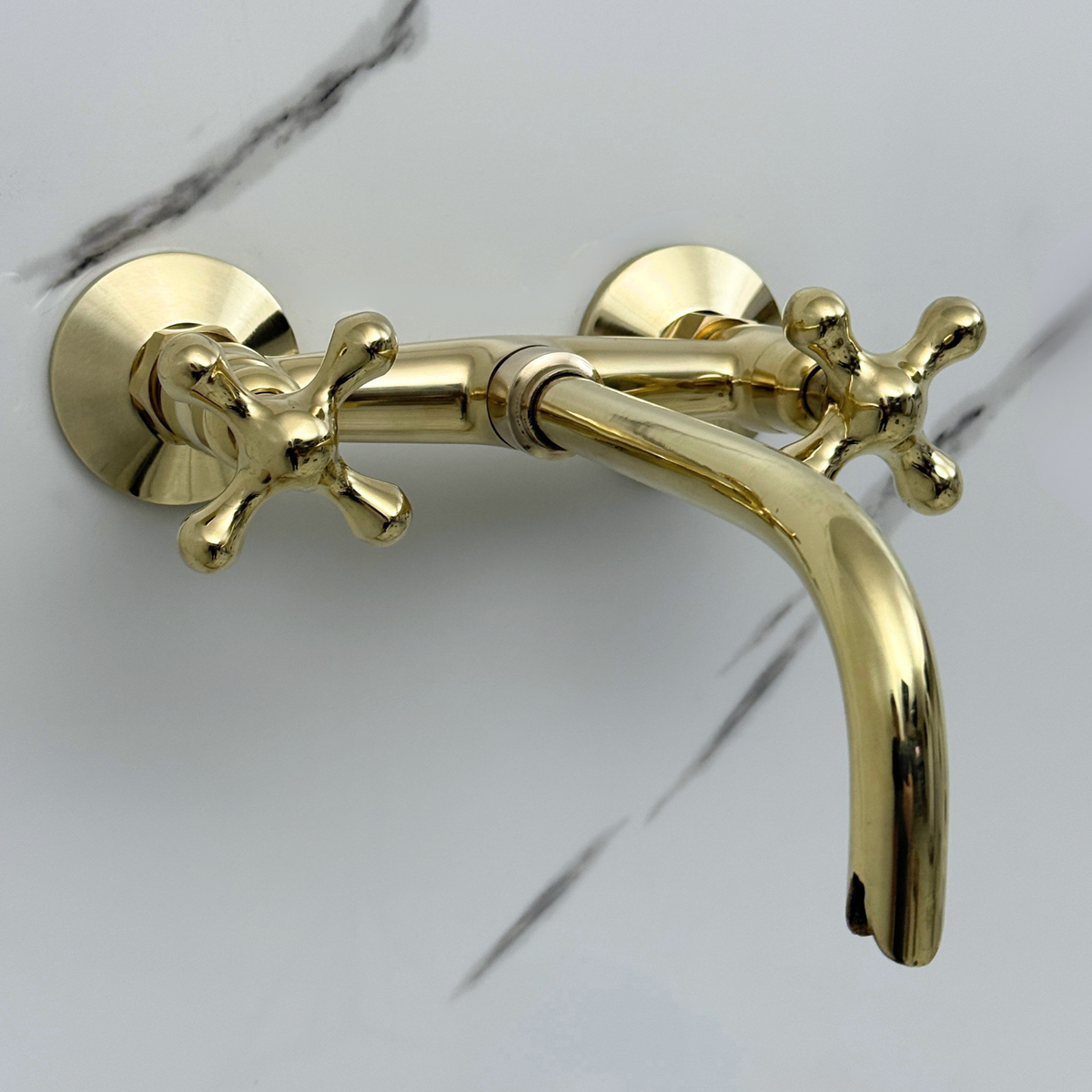 10" Curved unlacquered brass wall faucet, 3.5" drop with cross handles – alternate view 4