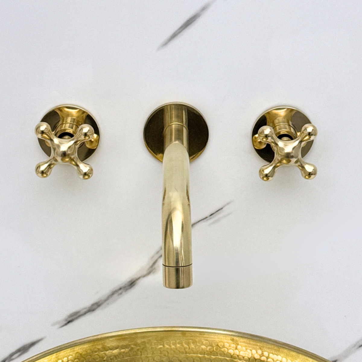 8" Curved unlacquered brass wall faucet, 2.5" drop with cross handles – alternate view 4