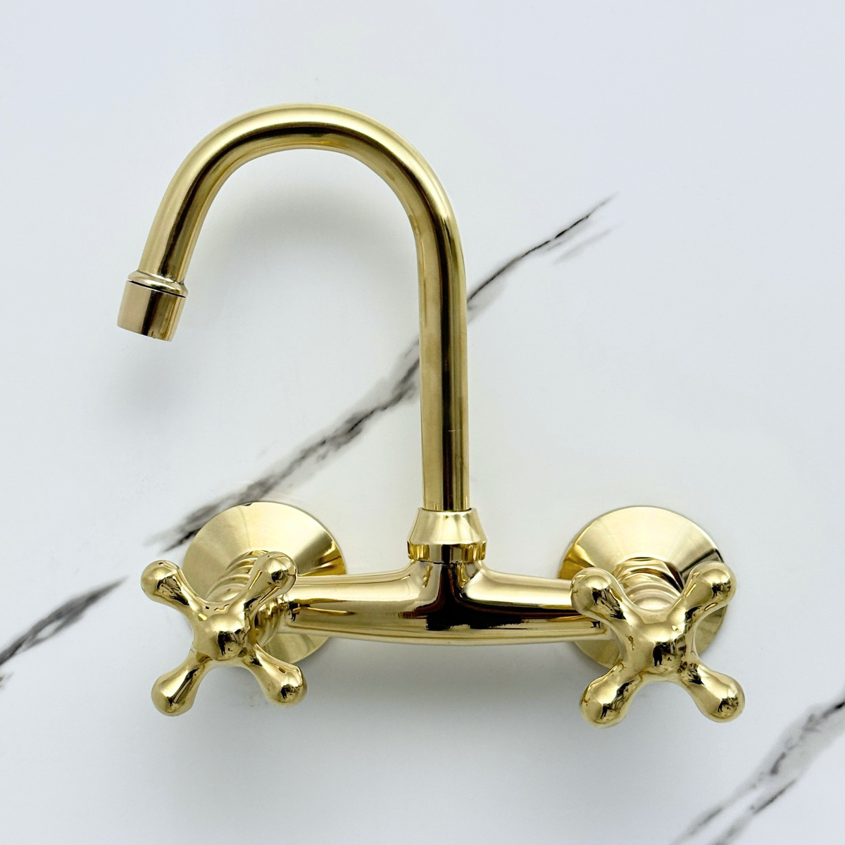 6.5" Gooseneck unlacquered brass wall faucet, 6" spread with cross handles – alternate view 3