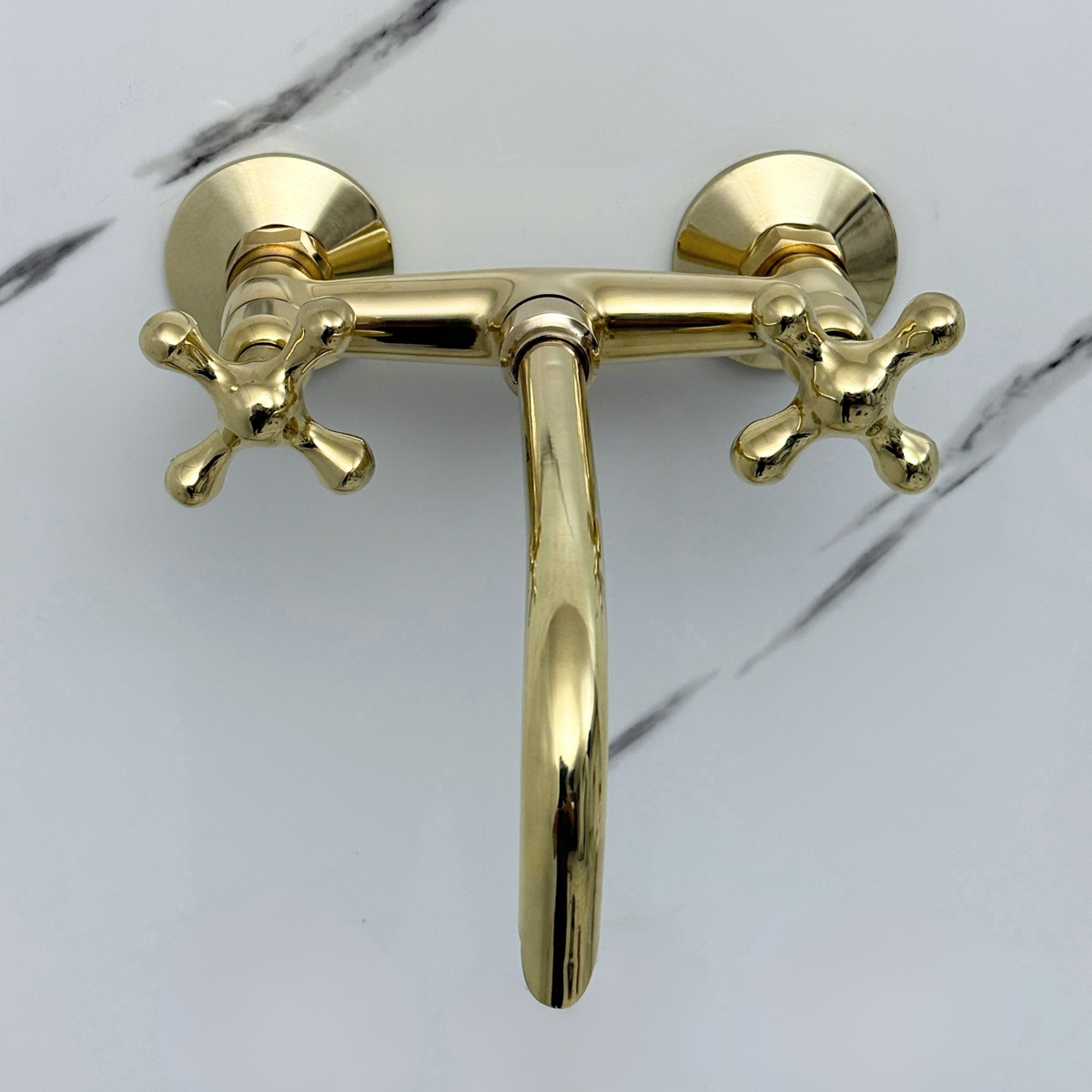10" Curved unlacquered brass wall faucet, 3.5" drop with cross handles – alternate view 2