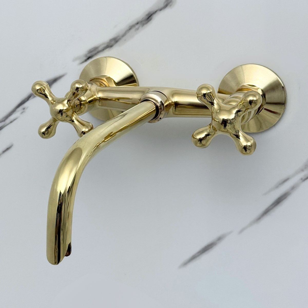 10" Curved unlacquered brass wall faucet, 3.5" drop with cross handles – alternate view 5