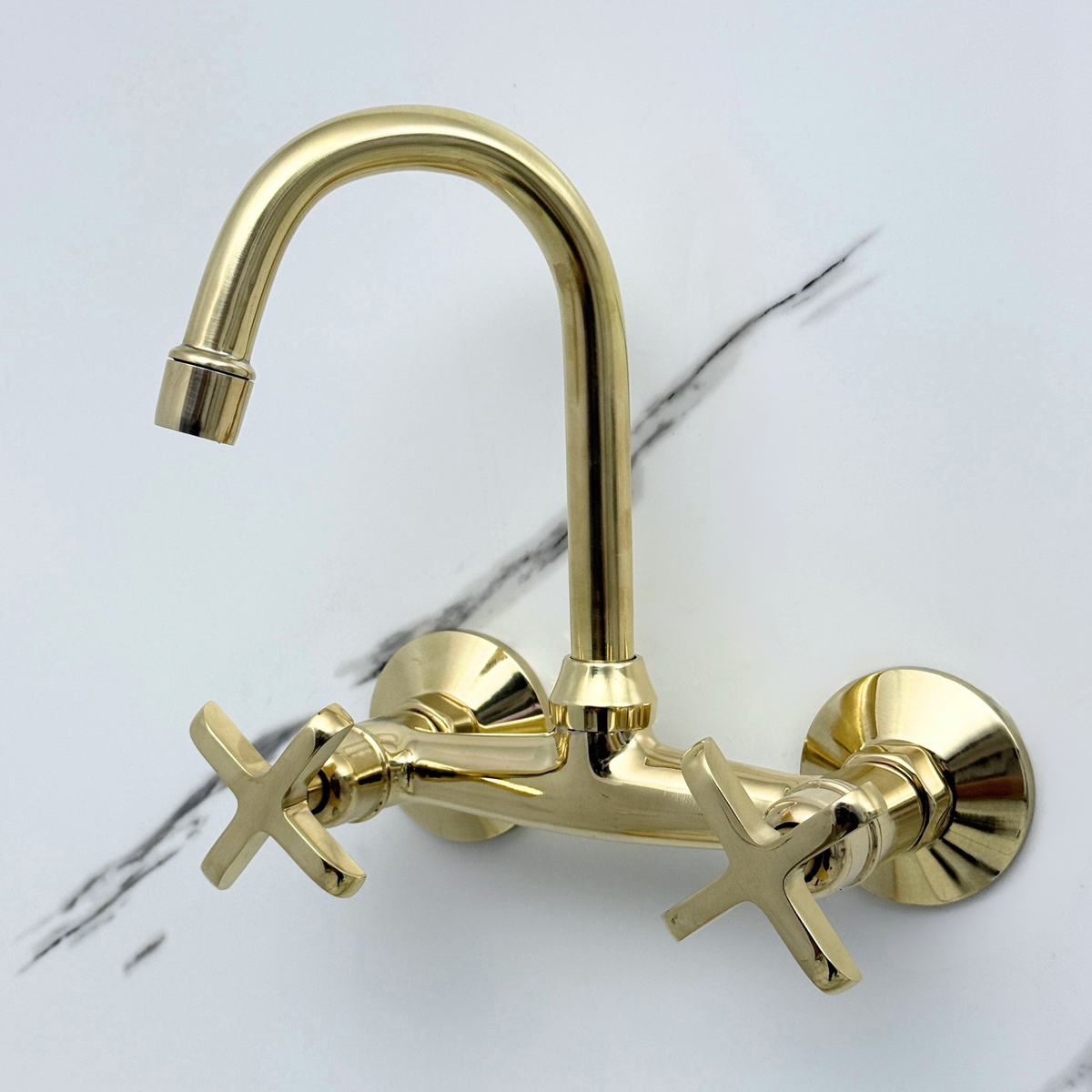 6.5" Gooseneck unlacquered brass wall faucet, 6" spread with cross handles – alternate view 7