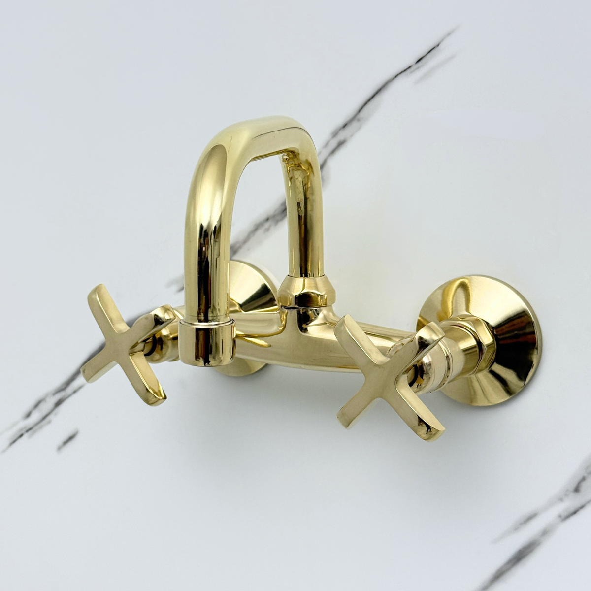 7.5" Swivel unlacquered brass wall faucet, 6" spread with cross handles – alternate view 6