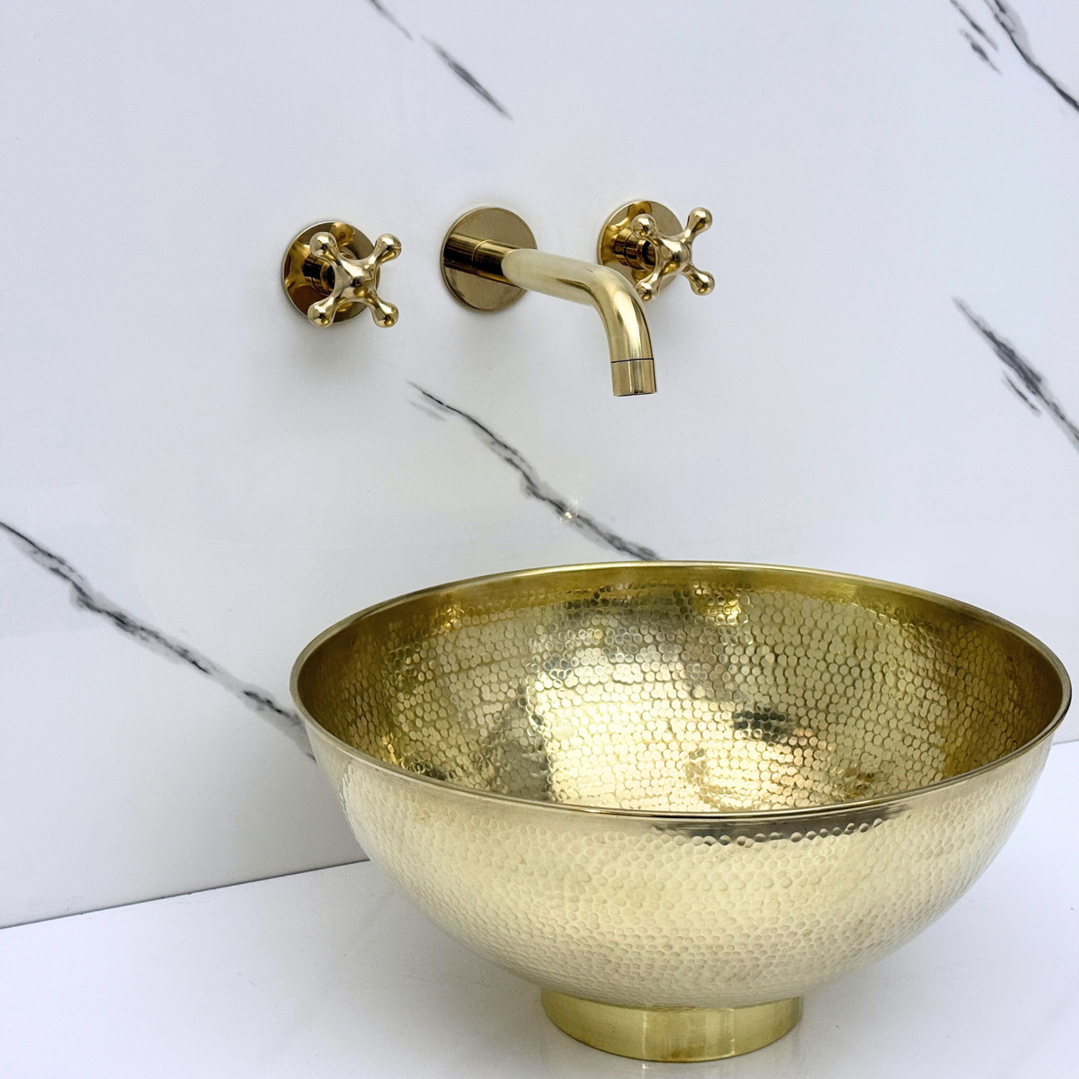 8" Curved unlacquered brass wall faucet, 2.5" drop with cross handles – alternate view 6