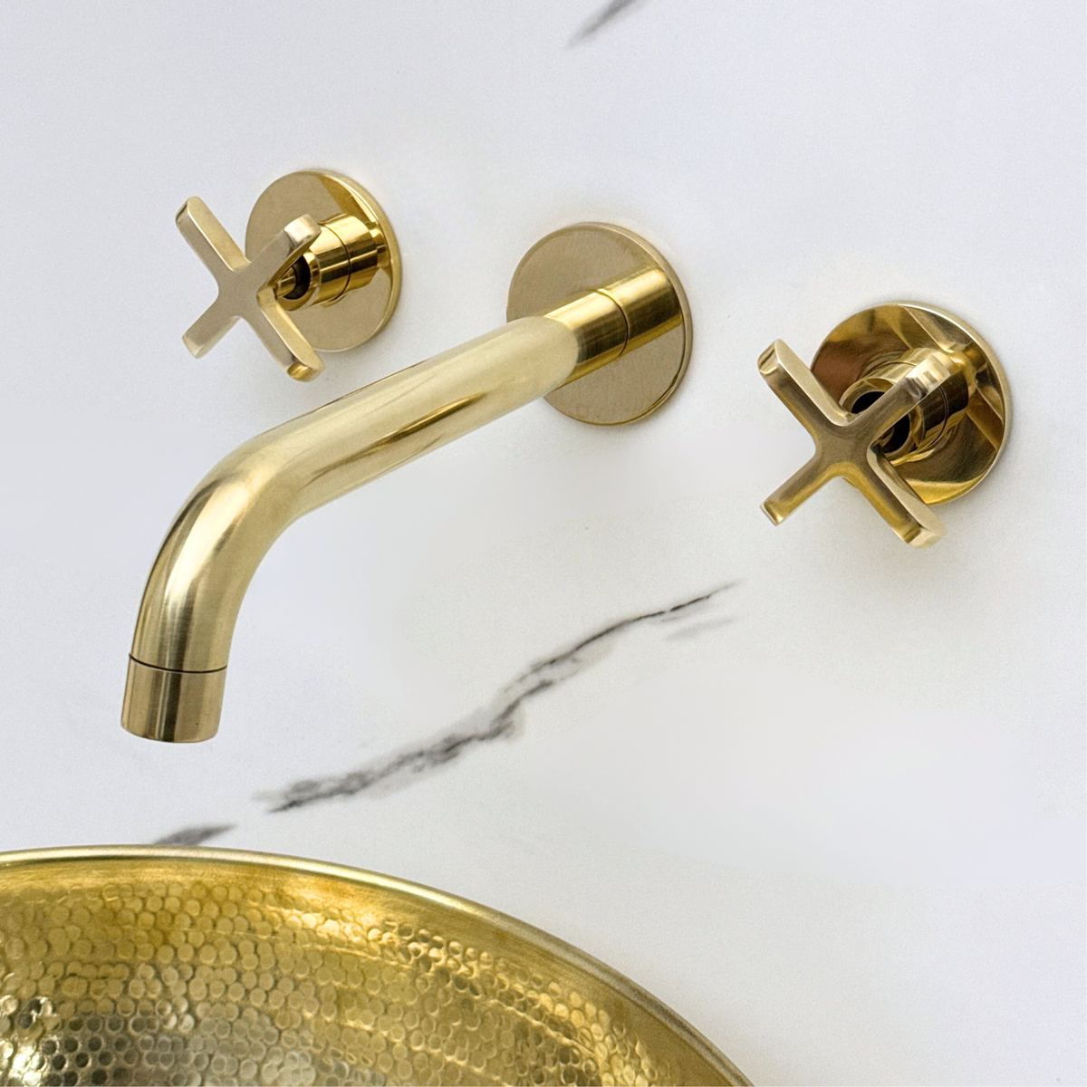 8" Curved unlacquered brass wall faucet, 2.5" drop with cross handles – alternate view 7