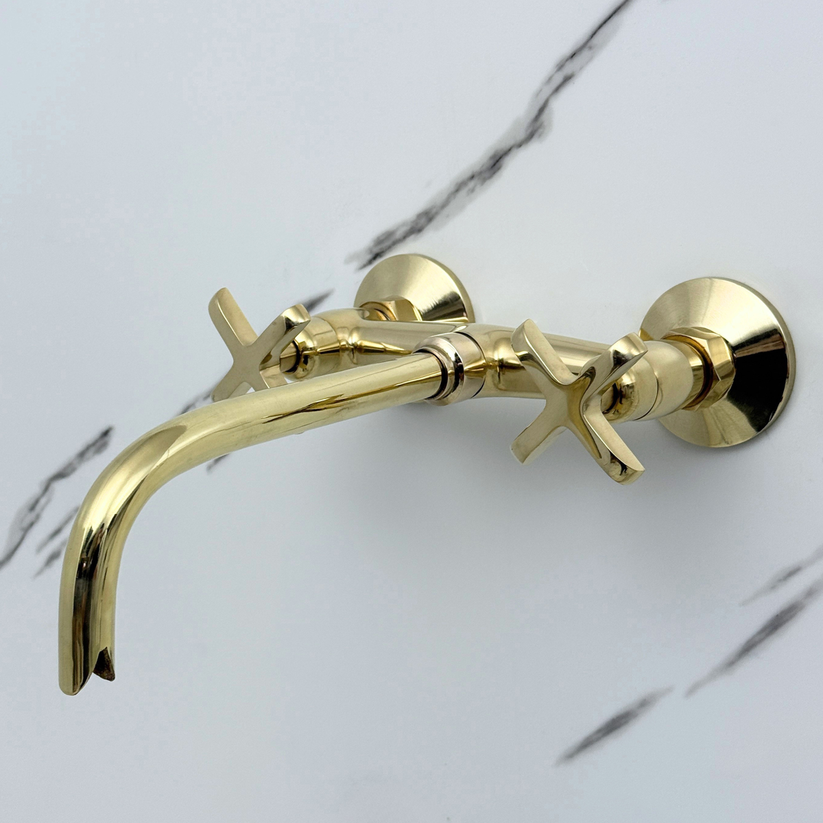 10" Curved unlacquered brass wall faucet, 3.5" drop with cross handles – alternate view 9