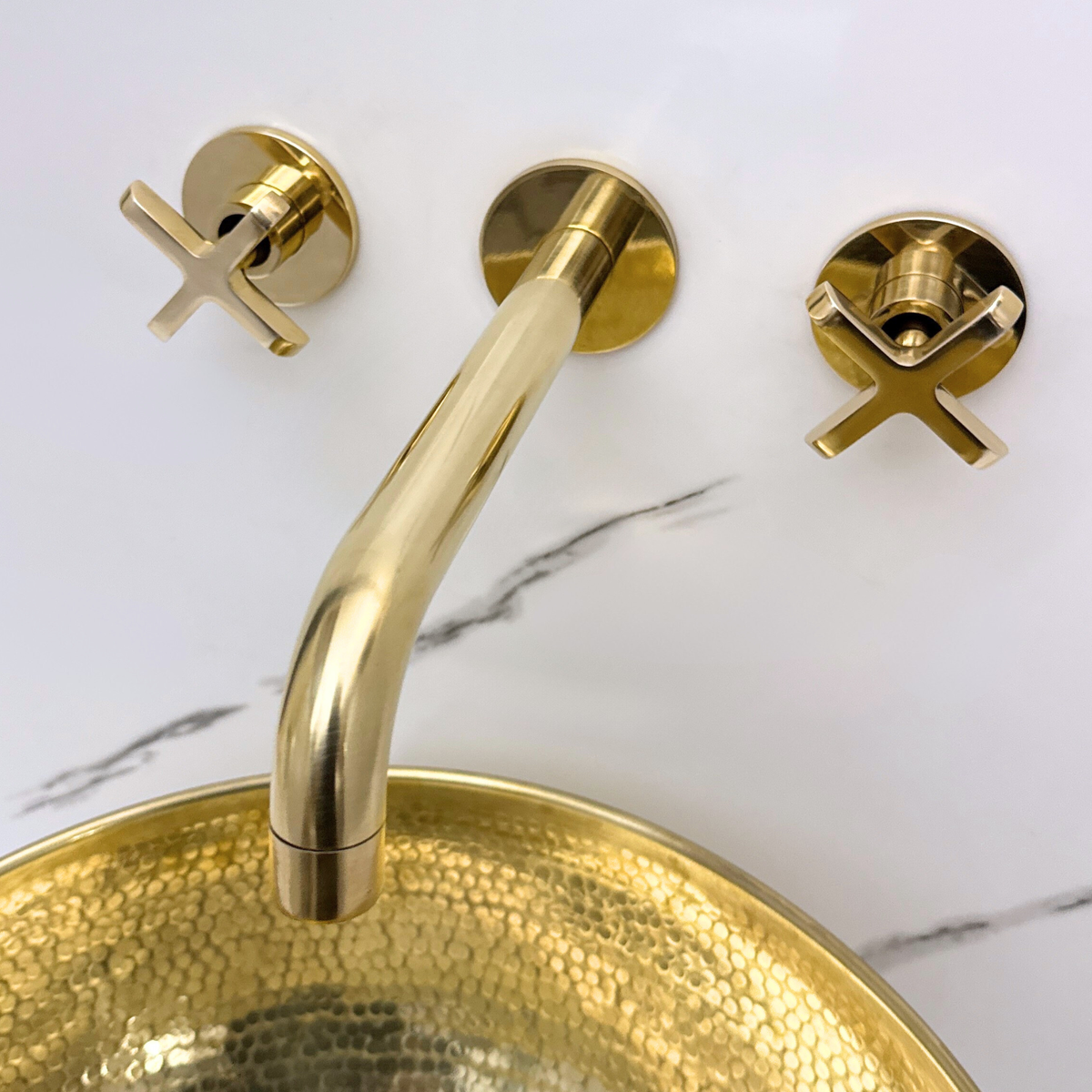 8" Curved unlacquered brass wall faucet, 2.5" drop with cross handles – alternate view 8