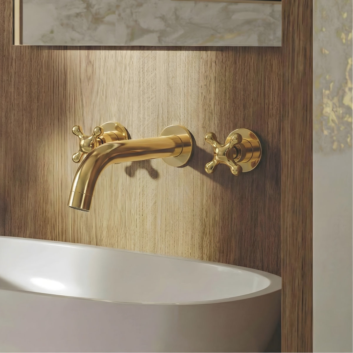 8" Curved unlacquered brass wall faucet, 2.5" drop with cross handles