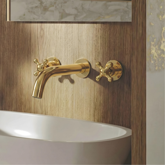 8" Curved unlacquered brass wall faucet, 2.5" drop with cross handles