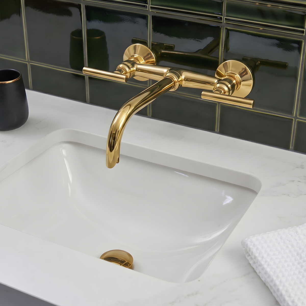 10" Curved unlacquered brass wall faucet, 3.5" drop with lever handles