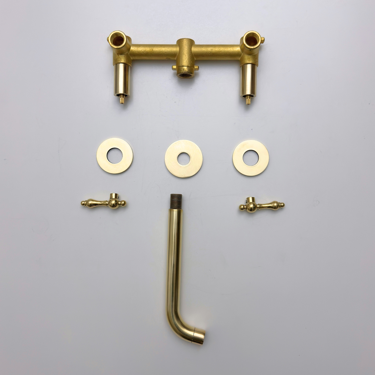 8" Curved unlacquered brass wall faucet, 2.5" drop with lever handles – alternate view 14