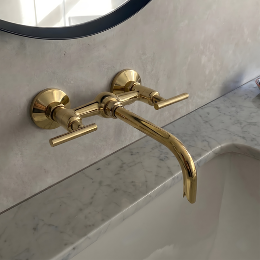 10" Ball-Center unlacquered brass wall faucet, 6" spread with lever handles