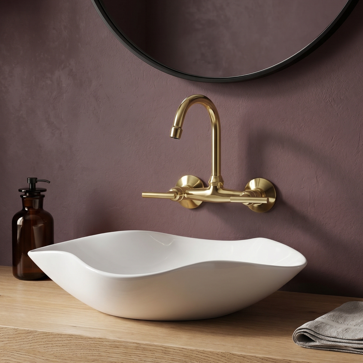 6.5" Gooseneck unlacquered brass wall faucet, 6" spread with lever handles