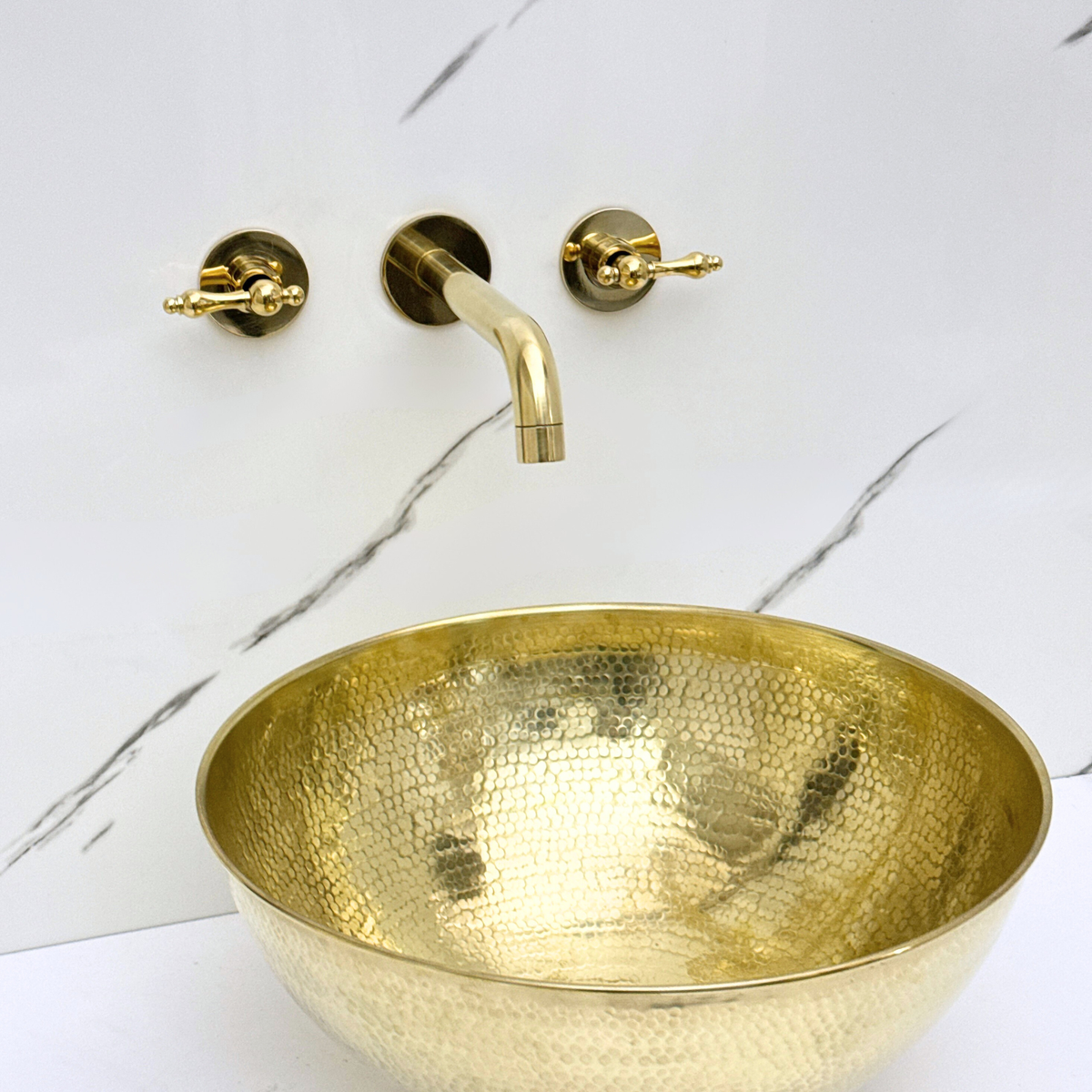8" Curved unlacquered brass wall faucet, 2.5" drop with lever handles – alternate view 5