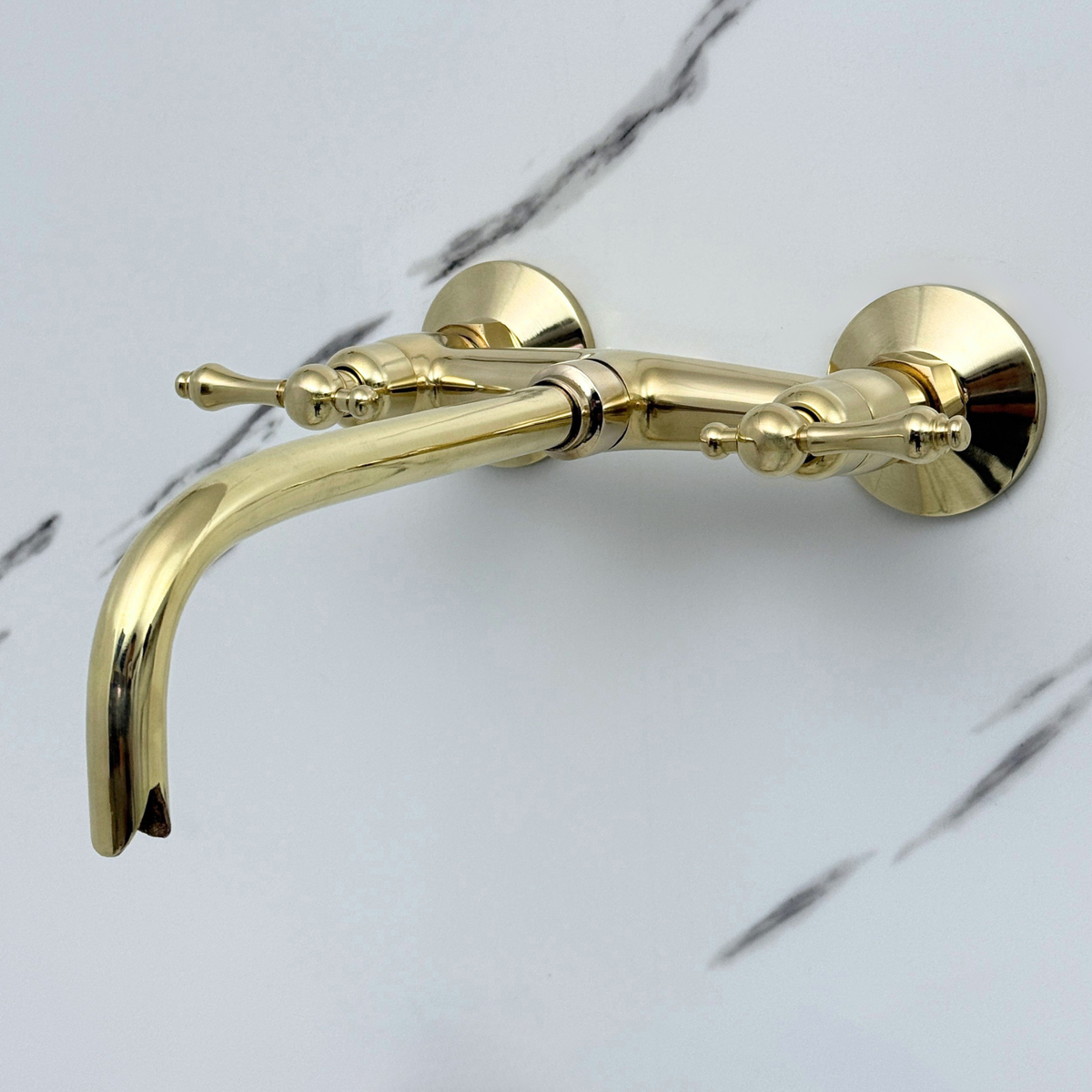 10" Curved unlacquered brass wall faucet, 3.5" drop with lever handles – alternate view 8